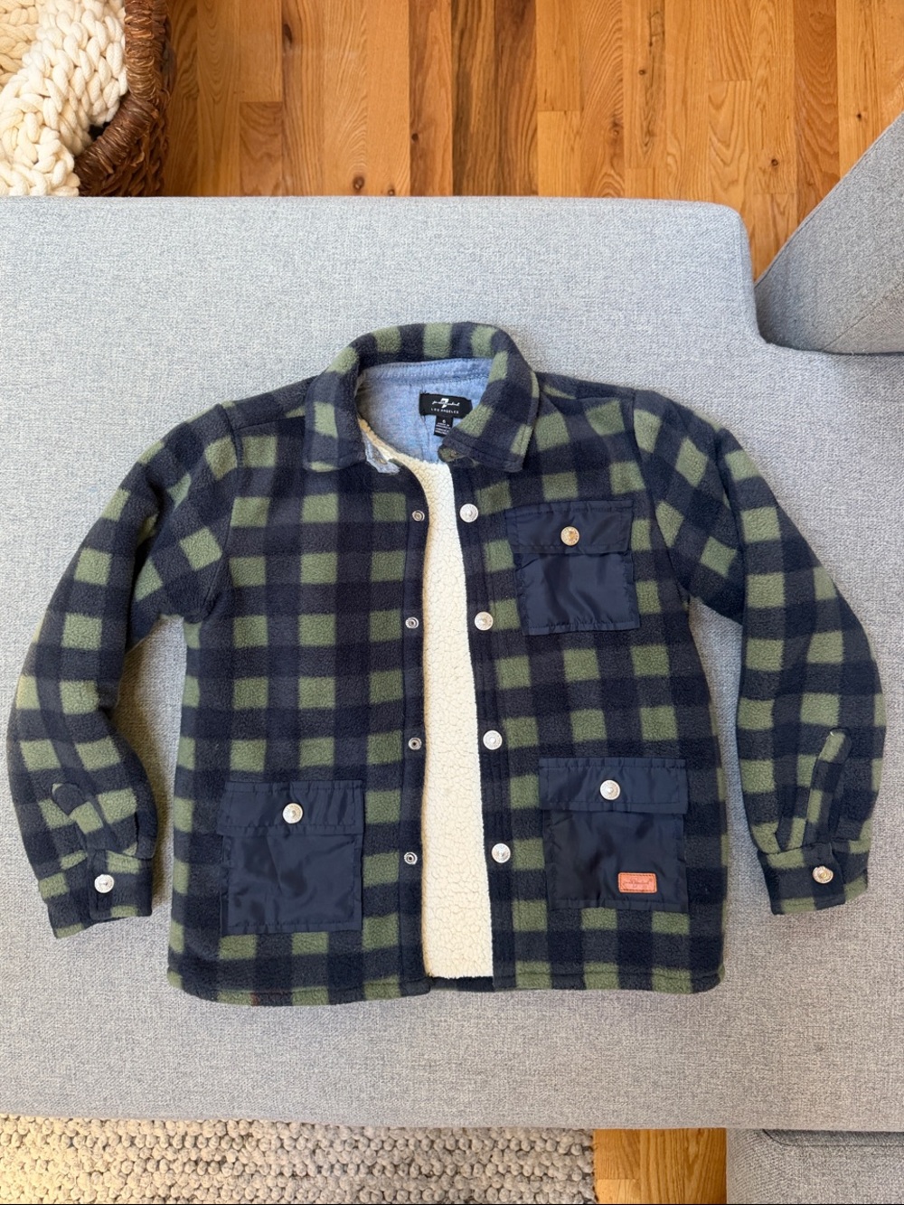 7 For All Mankind Green & Black Plaid Sherpa-Lined Button Front Hoodie Jacket